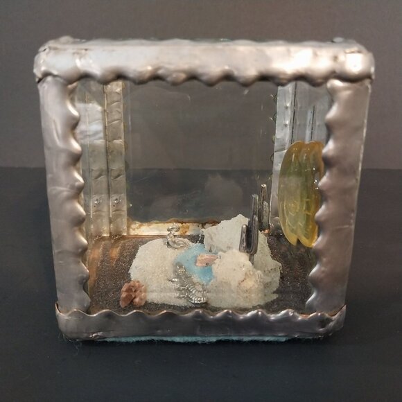 Beveled Glass And Pewter Square Diorama Gold Miner Cactus Crocodile Alligator - Picture 3 of 8